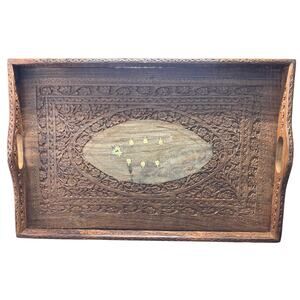 Hand carved India Sheesham wood serving tray India intricate brass inlay center